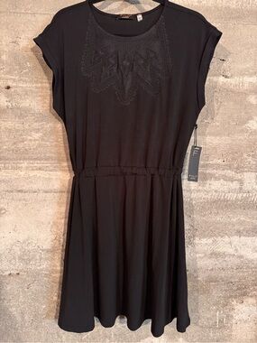 FYLO Black Embroidered Waist-Drawstring Mini Dress
